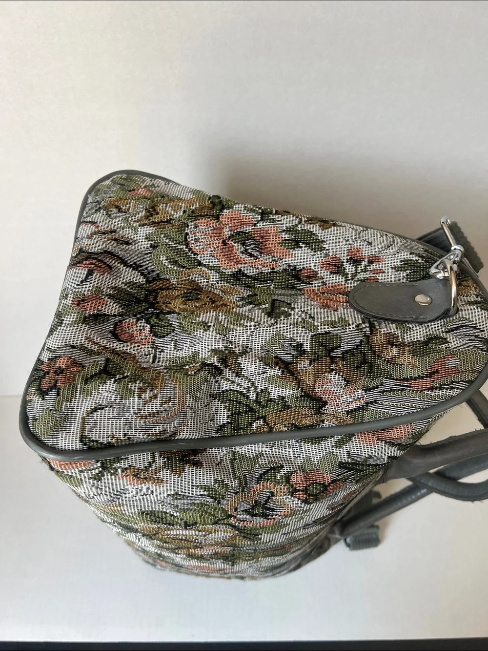 Vintage Jordache Floral Tapestry Duffel Bag in Gray with Pink and Olive Accents